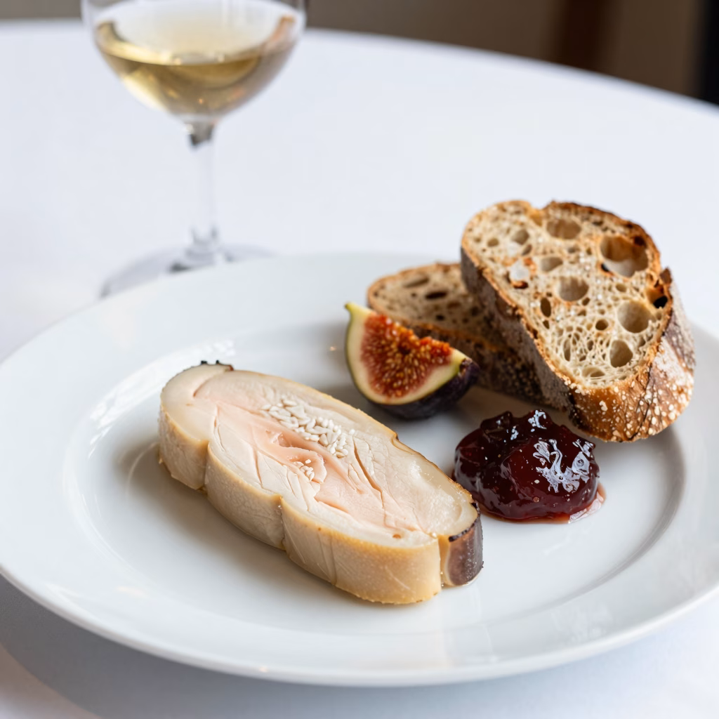 Foie gras mi-cuit tranché sur assiette blanche avec verre de Sauternes et <a href=