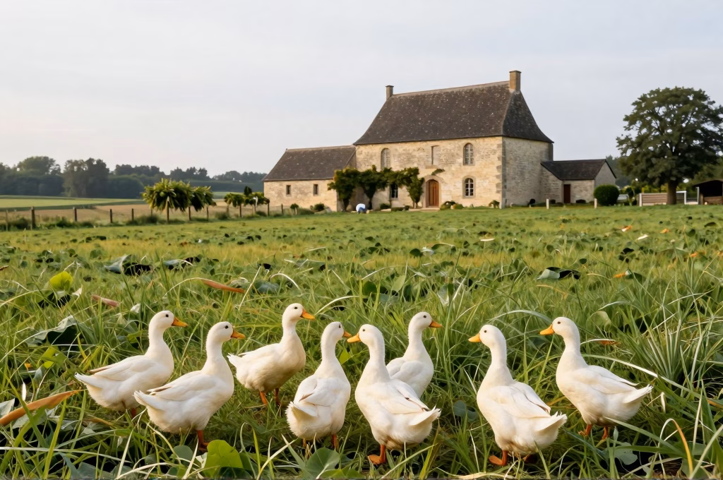 Élevage traditionnel de canards en plein air dans le Périgord