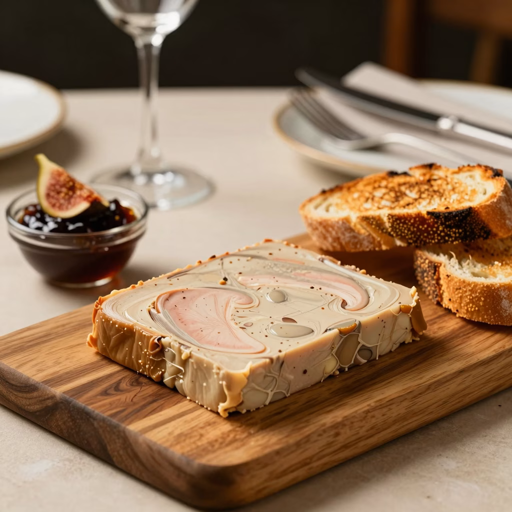 Foie gras artisanal sur planche de bois avec <a href=