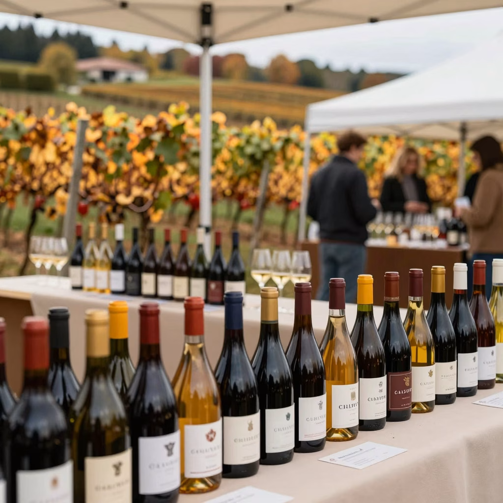 Foire aux vins traditionnelle avec exposition de bouteilles et stands de degustation