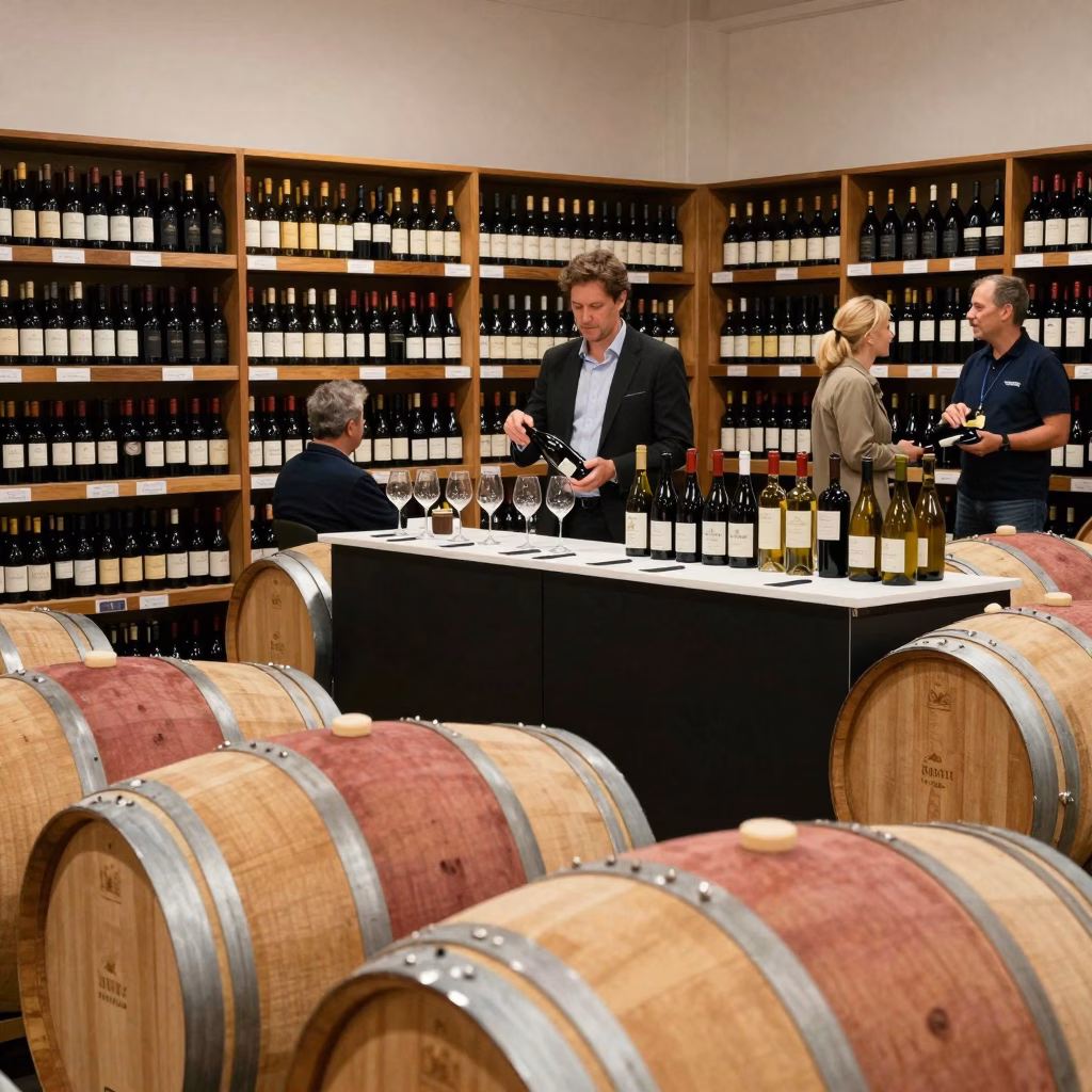 Cave de marchand de vins pendant une foire aux vins avec tonneaux et bouteilles regionales
