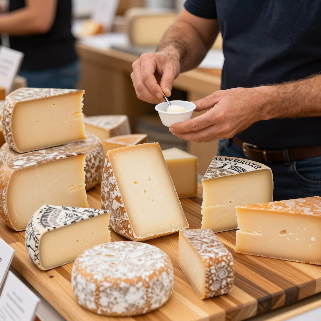 Artisan fromager proposant des degustations lors d'une foire gastronomique