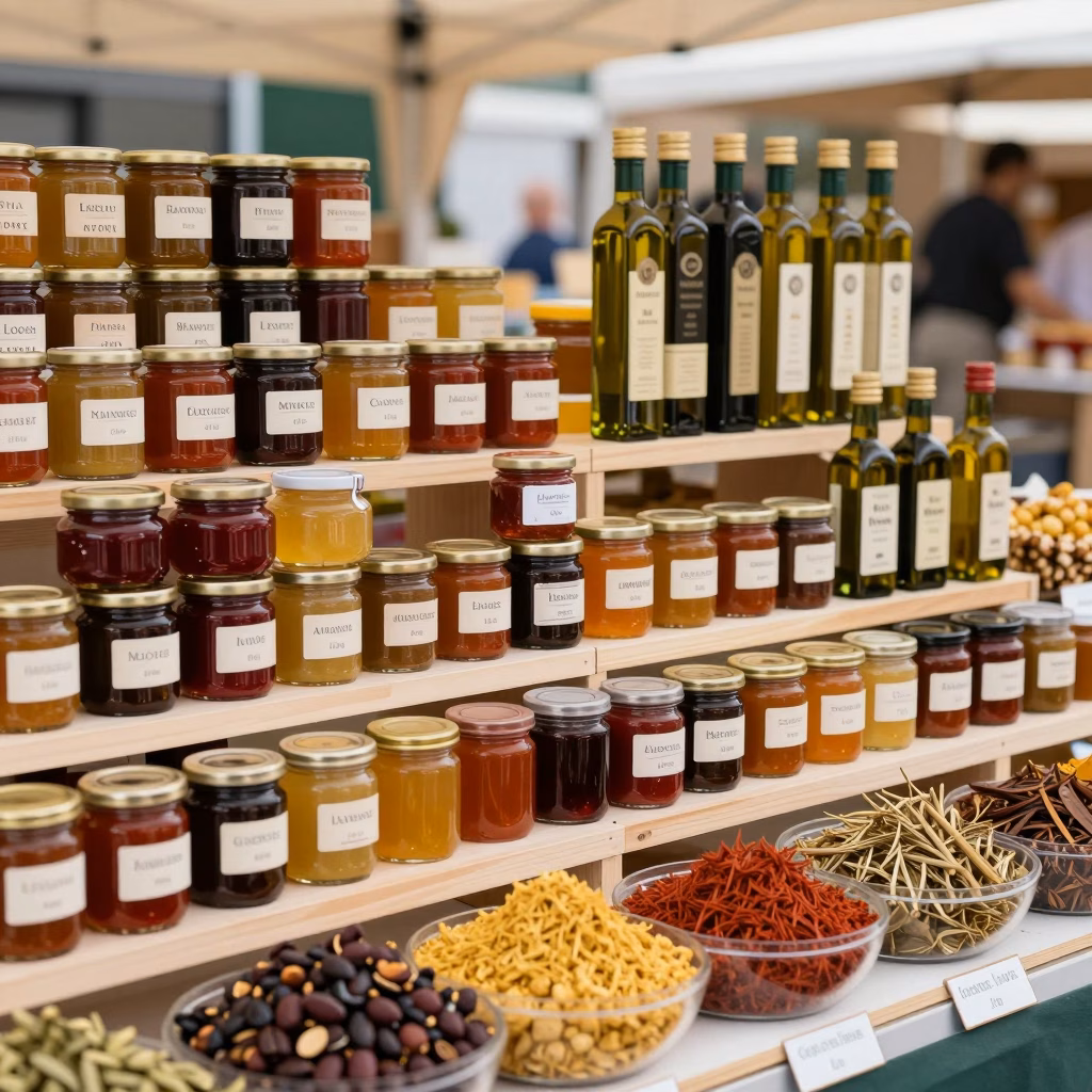 Etal colore de produits regionaux francais lors d'un salon gastronomique