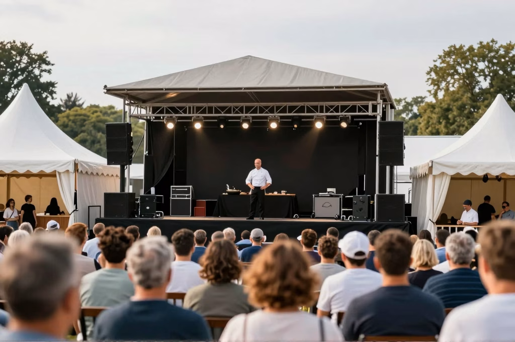 Festival gastronomique en plein air avec démonstration culinaire et public