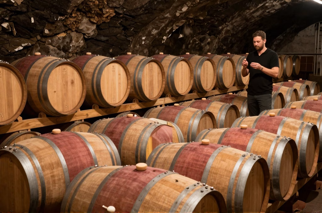 Cave à vin avec barriques de chêne et vigneron en dégustation