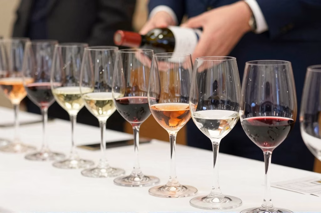 Verres de dégustation alignés montrant les différentes robes des vins
