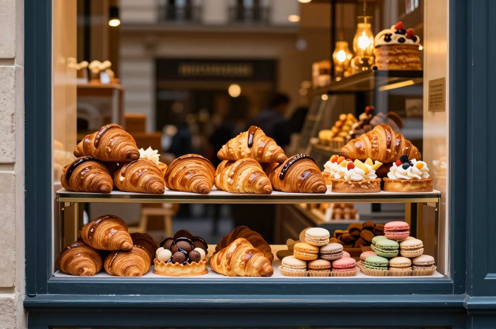 Vitrine d une boulangerie-pâtisserie française avec croissants et macarons
