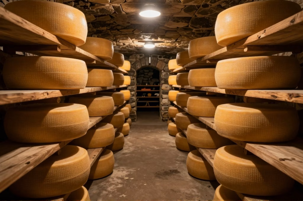 Cave d'affinage traditionnelle avec meules de fromage dorees sur etageres en bois
