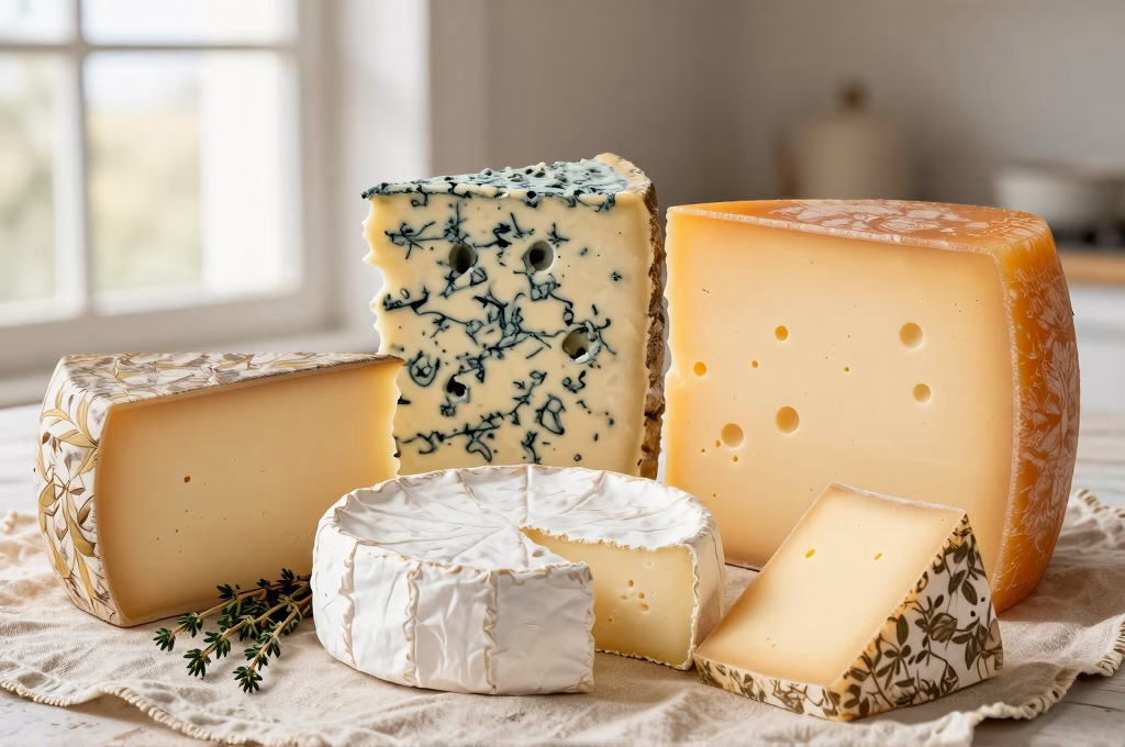 Selection de fromages regionaux francais : brie, roquefort, comte et chevre sur lin rustique