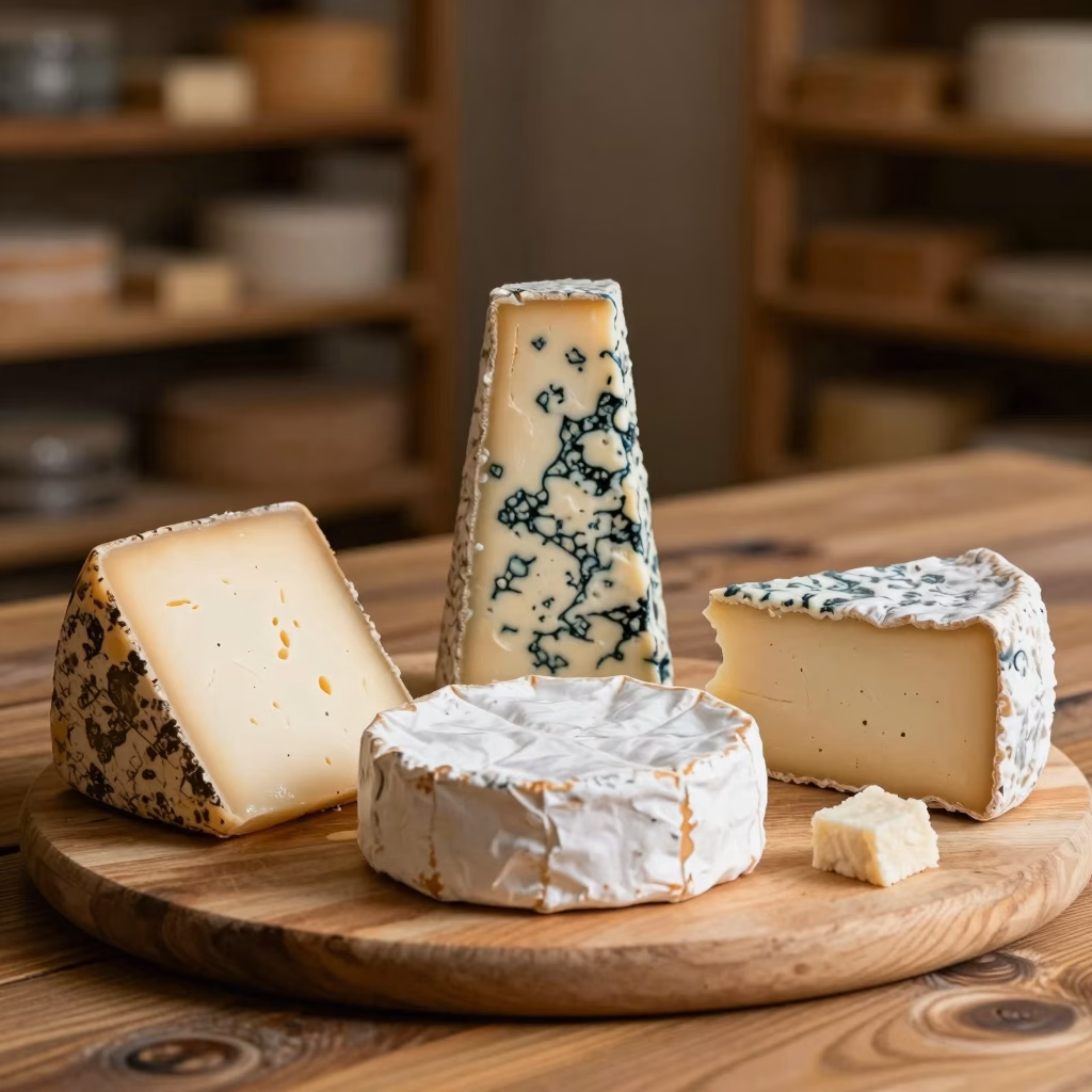 Assortiment de fromages AOP francais camembert brie roquefort comte plateau artisanal