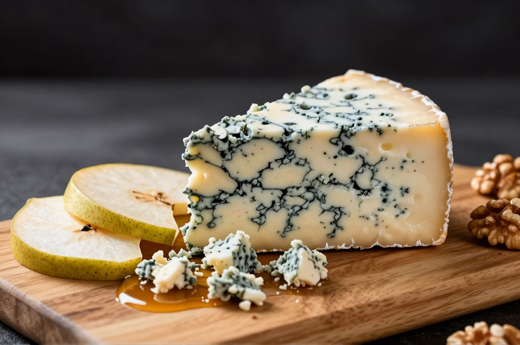 Dégustation de roquefort avec noix poire et miel sur planche en bois
