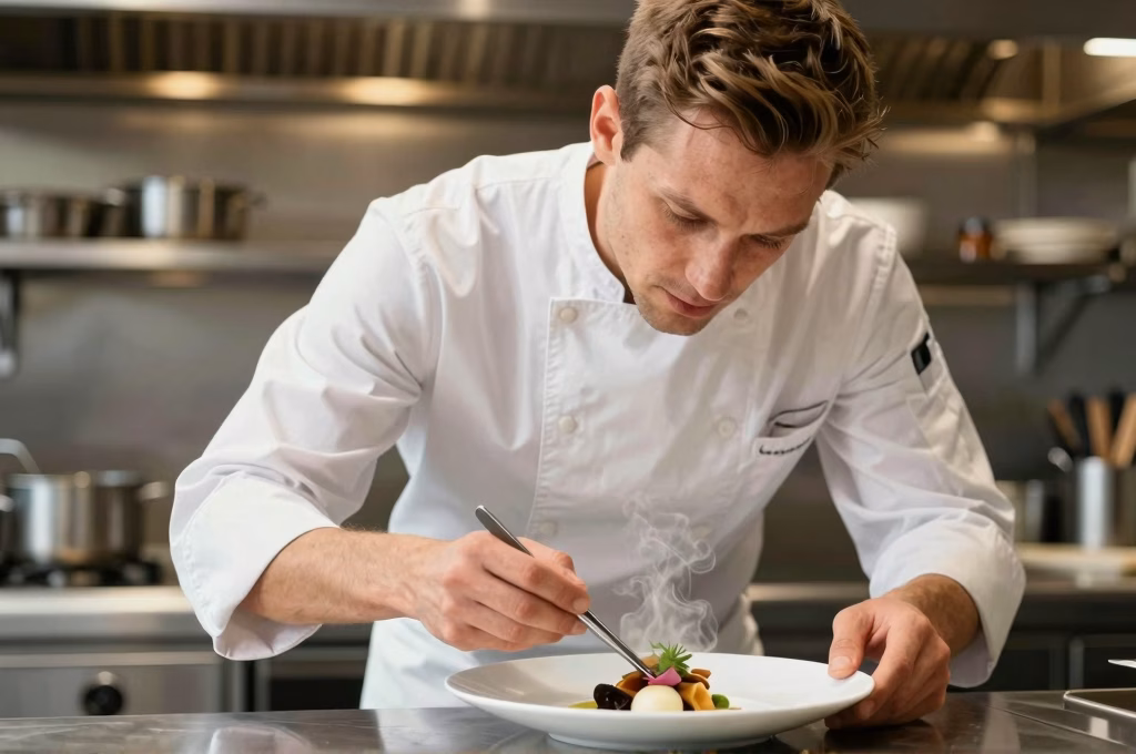 Chef cuisinier préparant un plat gastronomique dans une cuisine professionnelle