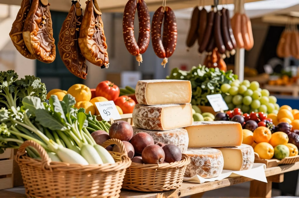 Marché français traditionnel avec produits du terroir, fromages et fruits frais