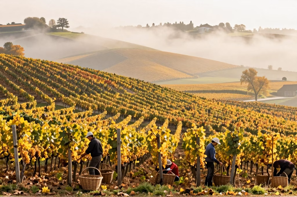 Vendanges dans les vignobles français avec paysage de collines automnales
