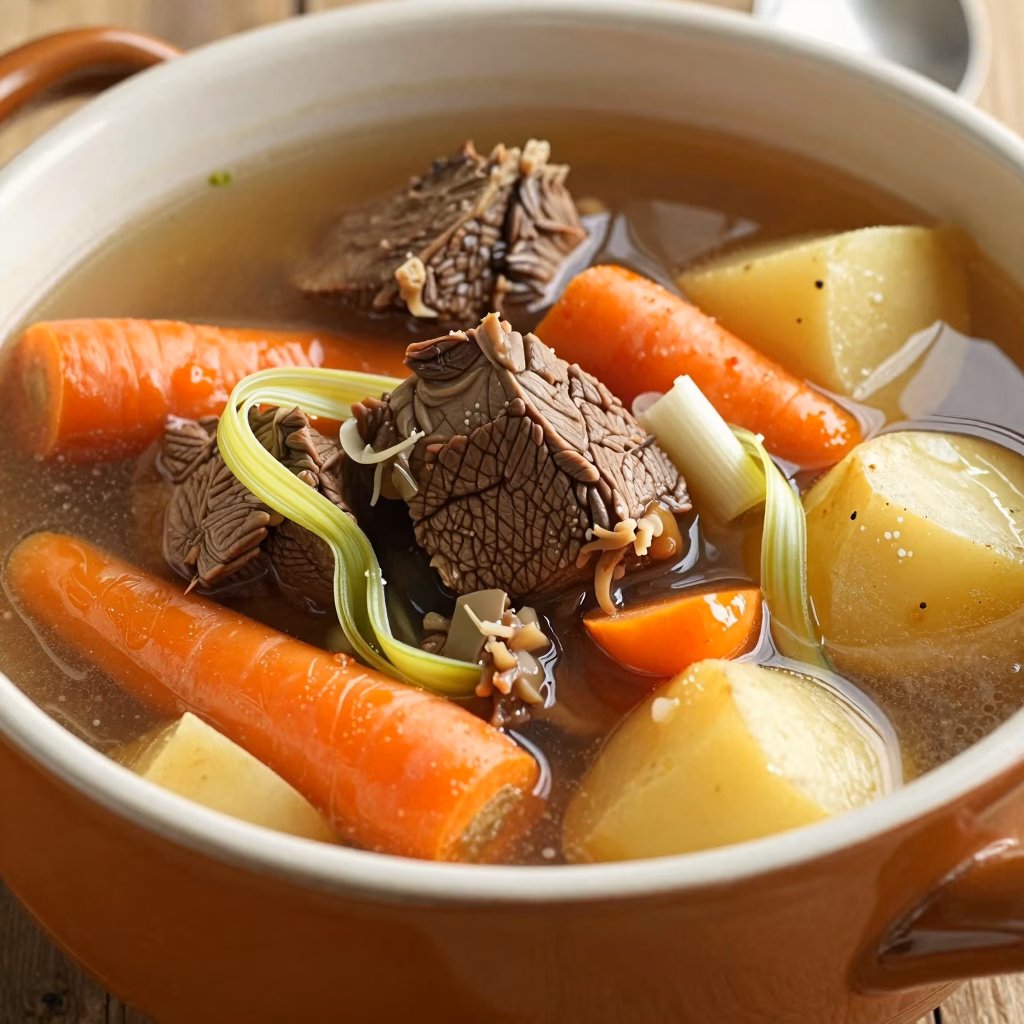 Pot-au-feu traditionnel francais avec boeuf et legumes mijotes