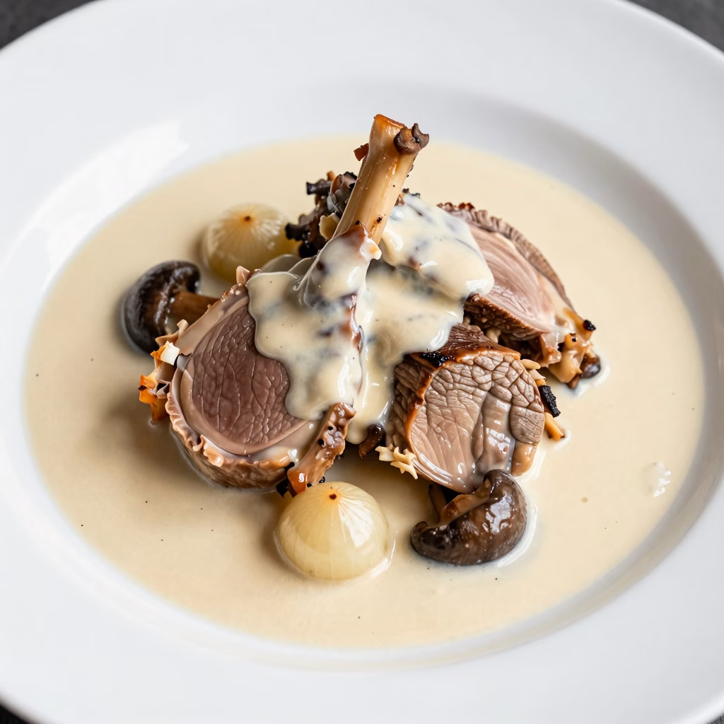 Blanquette de veau sauce veloutee avec champignons et oignons