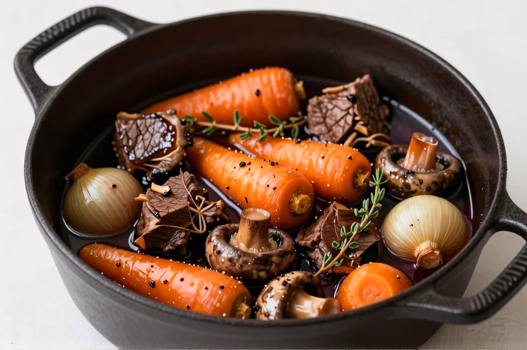 Boeuf bourguignon mijoté avec sauce au vin rouge carottes et champignons