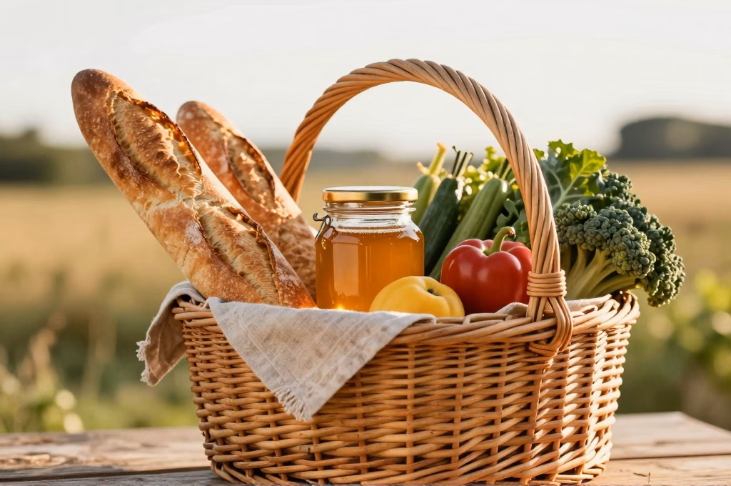 Panier en osier rempli de produits fermiers francais pain miel fruits et legumes de saison