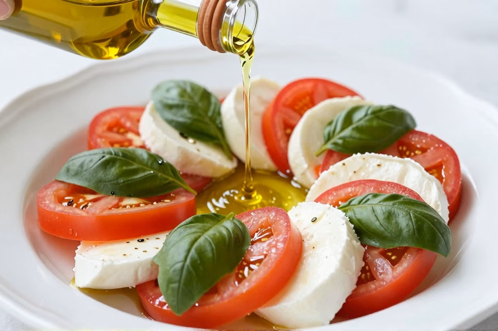 Filet d huile d olive versé sur une salade fraîche méditerranéenne