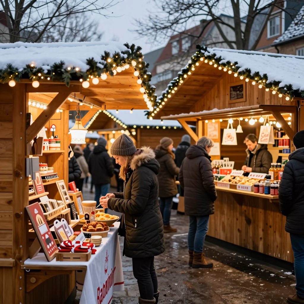 Marche de Noel traditionnel avec chalets en bois et artisanat local