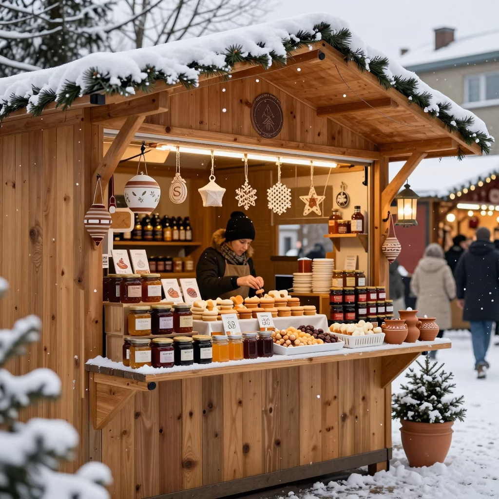 Etals de marche de Noel avec produits du terroir et artisanat regional