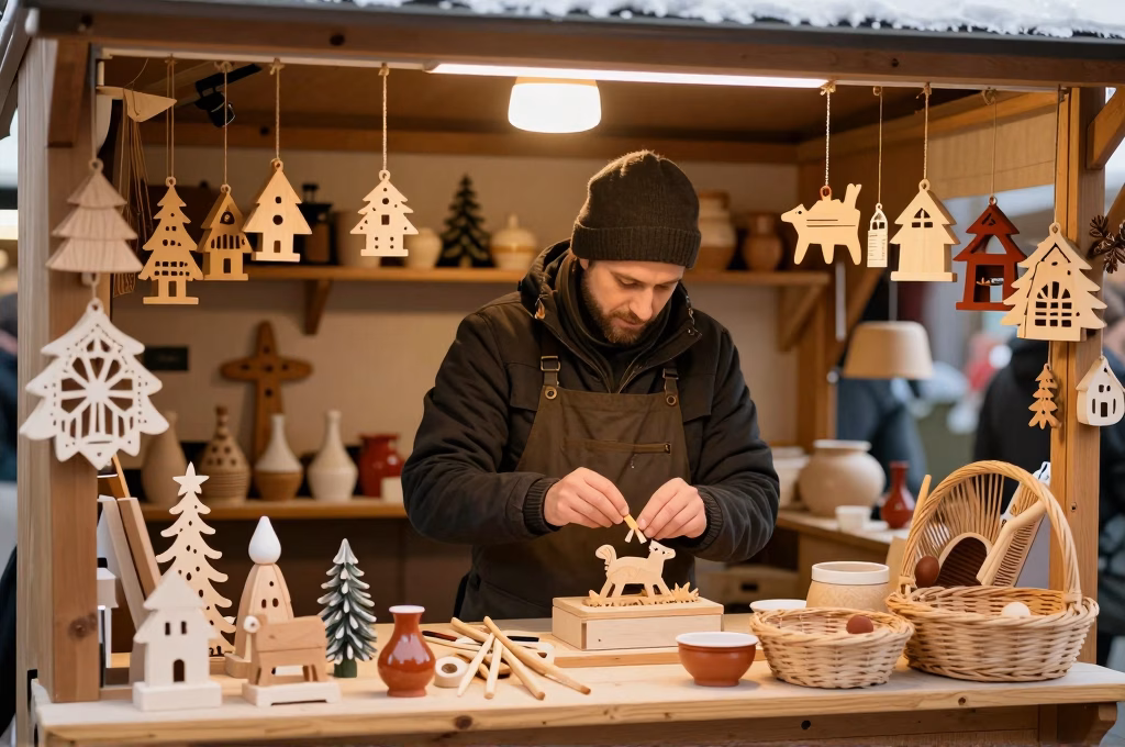 Artisan exposant ses créations sur un stand de marché de Noël