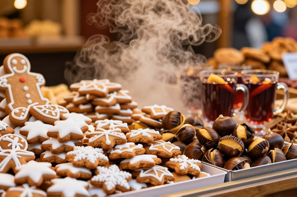Gourmandises de Noël et vin chaud sur un marché de terroir alsacien