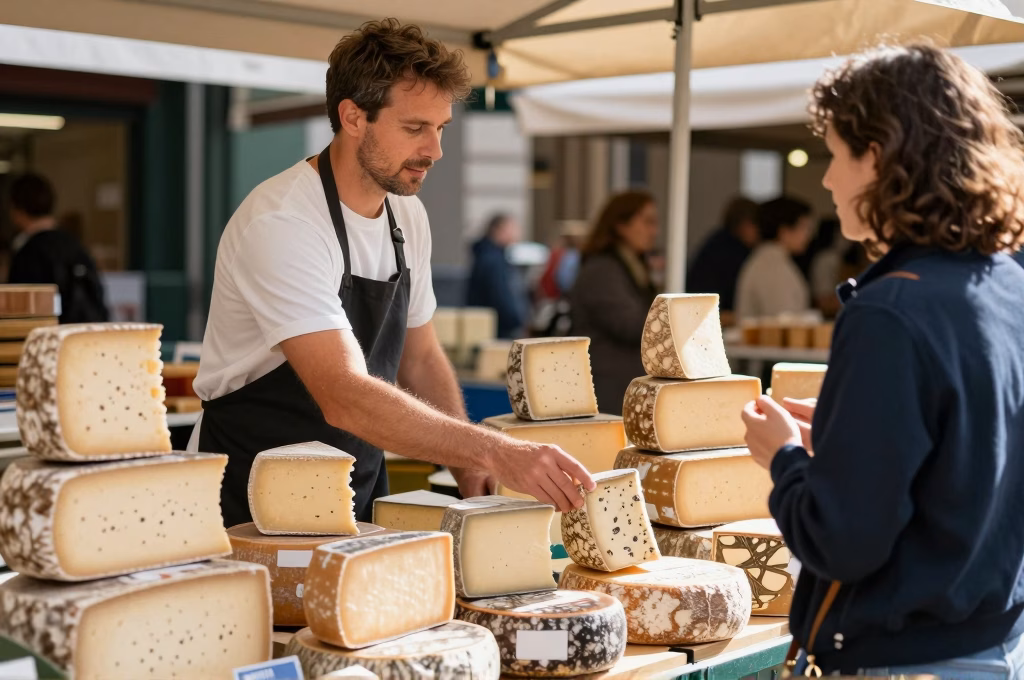 Fromager artisan présentant ses fromages sur un marché de producteurs