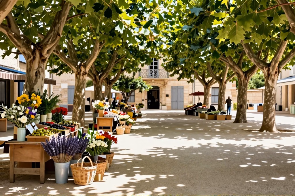 Marché provençal sous les platanes avec lavande et olives