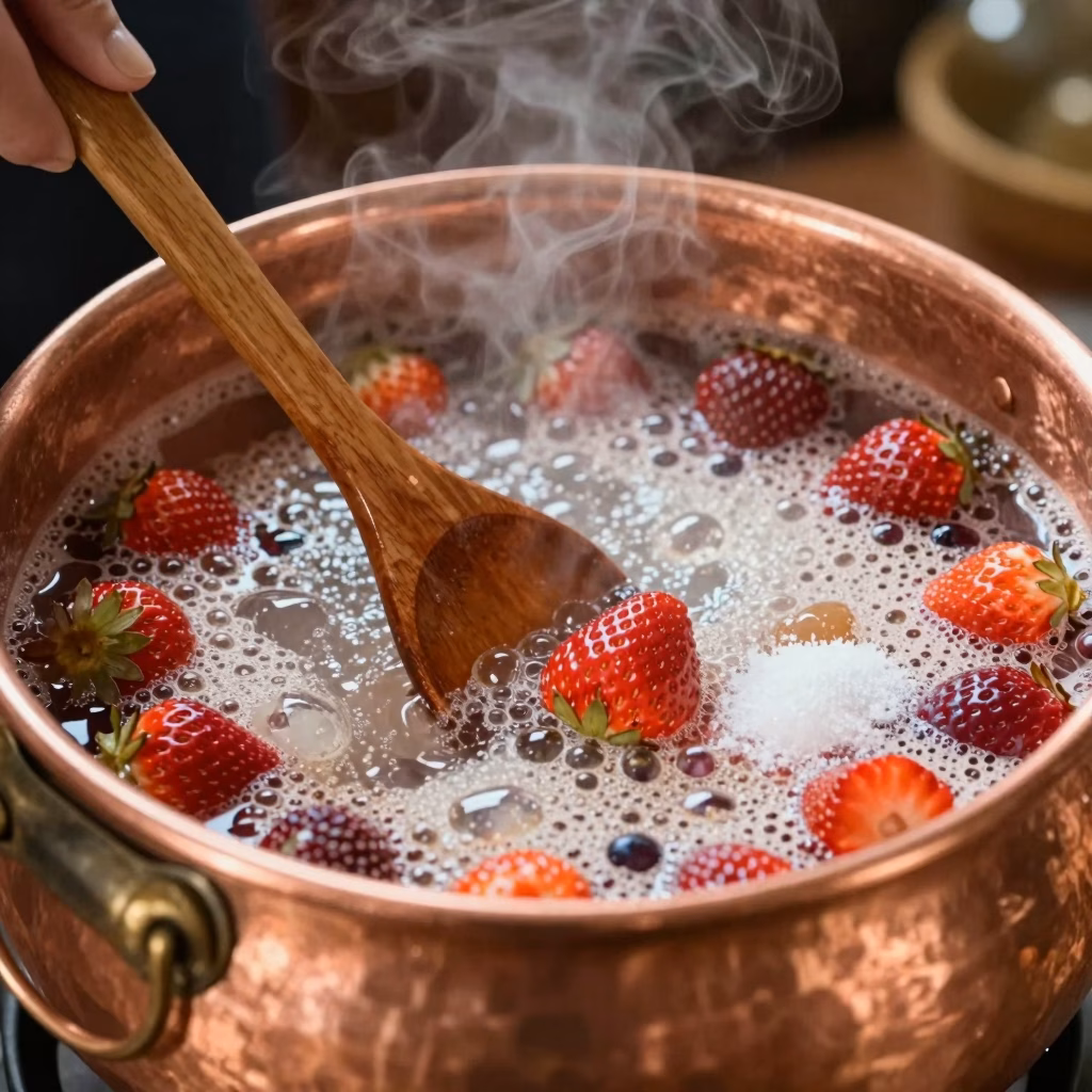 Fabrication artisanale de confiture dans un chaudron en cuivre avec des fraises fraîches