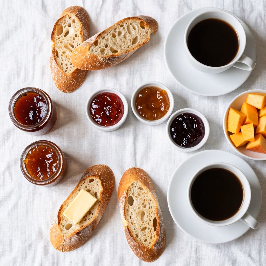 Petit-déjeuner français avec tartines de confiture artisanale, baguette et café
