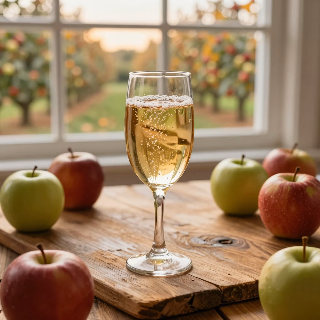 Verre de cidre artisanal doré avec des pommes fraîches sur une table de ferme normande