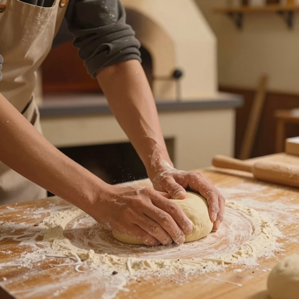 Boulanger artisanal façonnant le pain à la main dans un fournil traditionnel