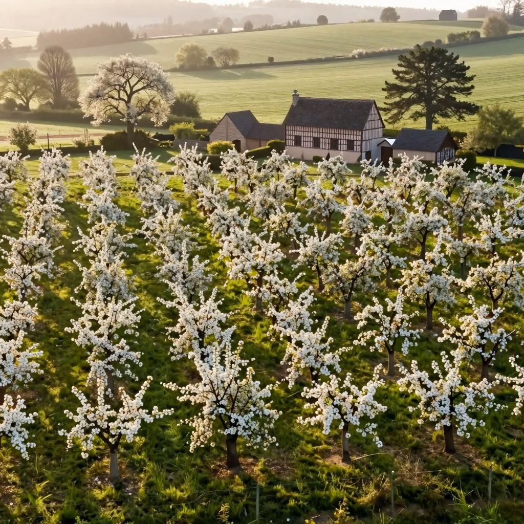 Verger de pommiers normands en fleurs avec ferme à colombages dans la campagne verte