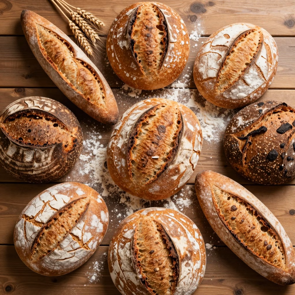 Assortiment de pains régionaux artisanaux français sur une table rustique