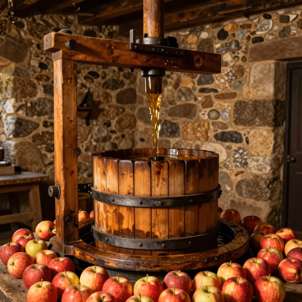Pressoir traditionnel en bois avec du jus de pomme doré qui coule et des pommes rouges en arrière-plan