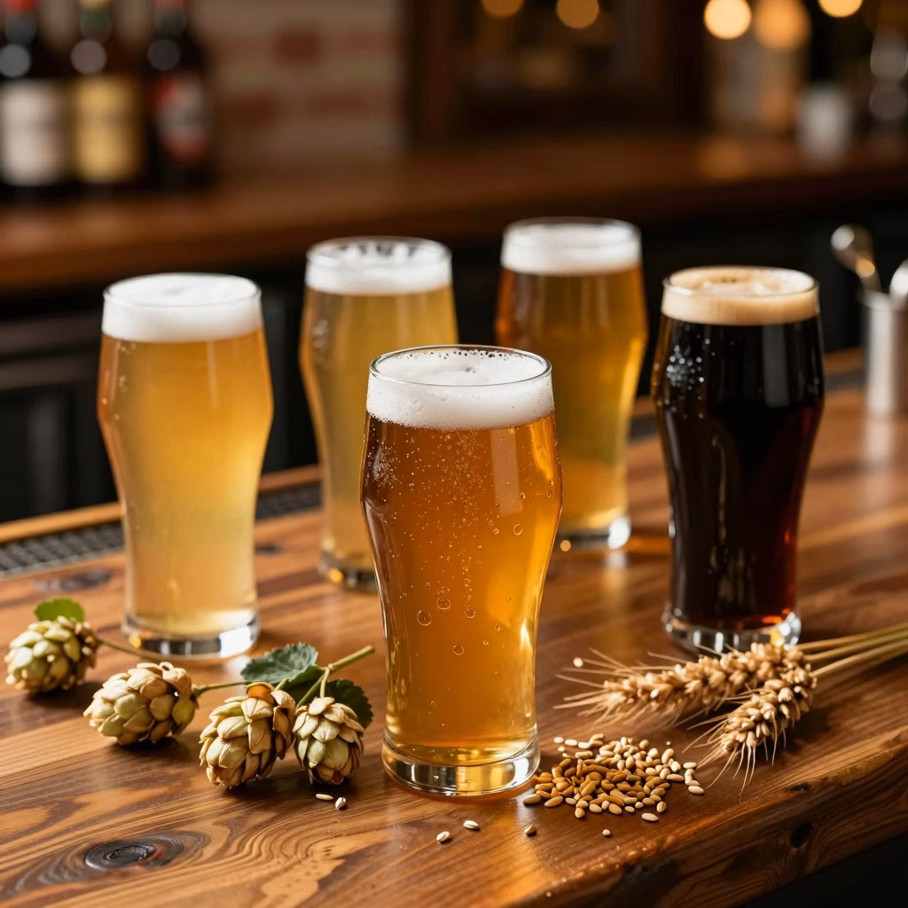 Verres de bières artisanales aux teintes dorées, ambrées et brunes sur un comptoir en bois rustique avec houblon et grains d'orge