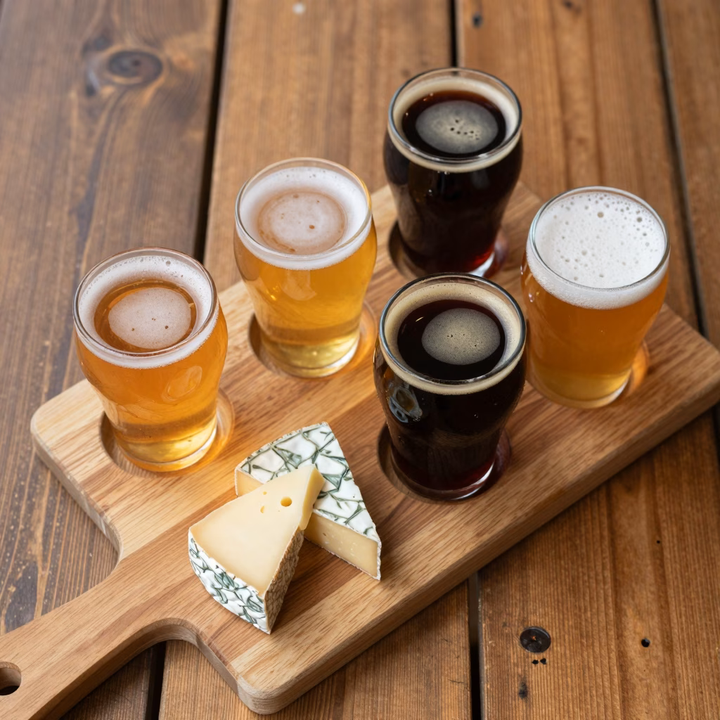 Planche de dégustation de bières artisanales avec quatre verres de craft beer accompagnés de fromages et charcuterie française