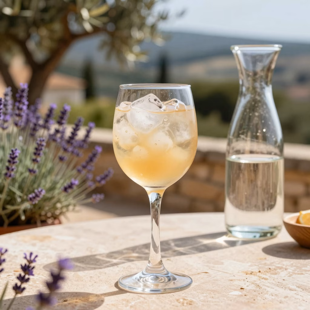 Verre de pastis artisanal avec eau glacee sur une terrasse provencale avec lavande et oliviers