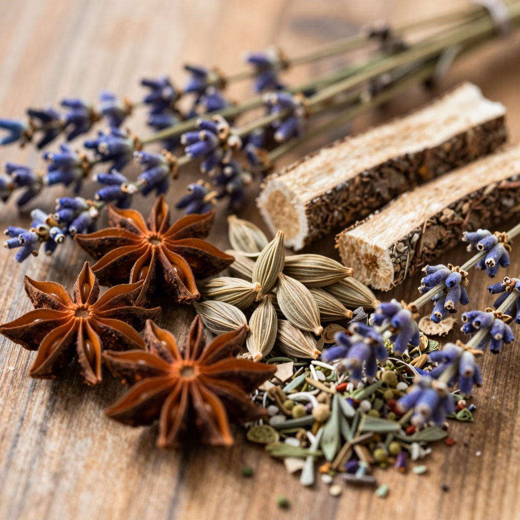 Ingredients botaniques du pastis artisanal : anis etoile, fenouil, reglisse, herbes de Provence sur surface en bois rustique