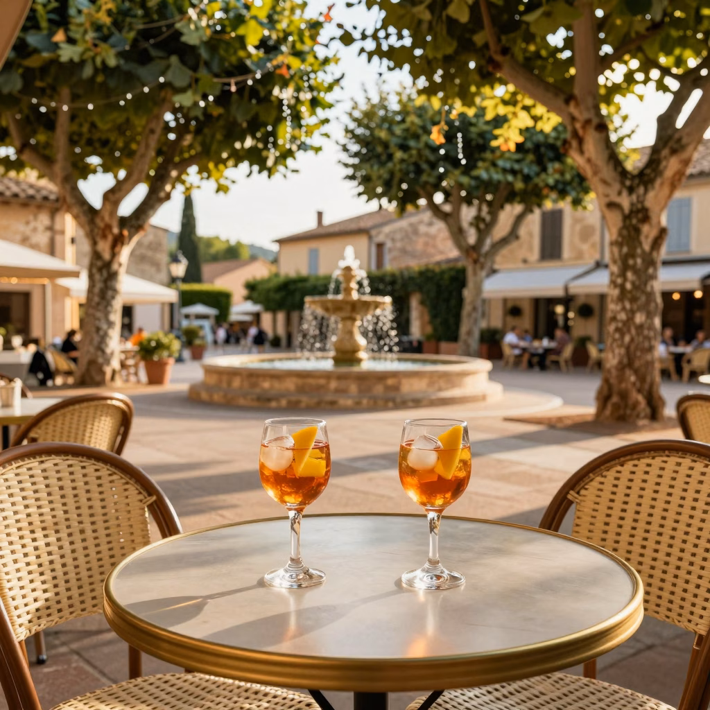 Deux verres de pastis sur une terrasse de cafe provencal avec platanes et fontaine en arriere-plan