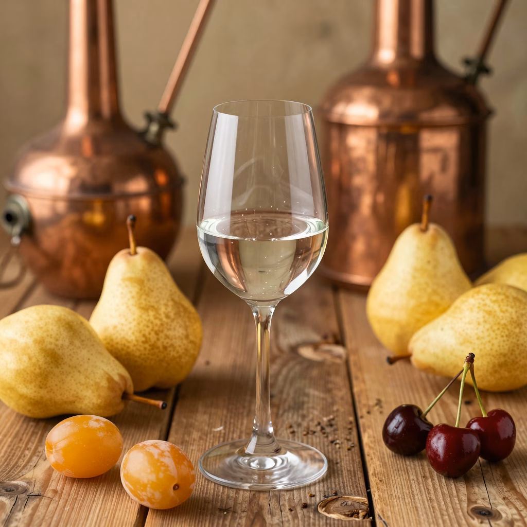 Eau de vie artisanale dans un verre tulipe entouree de fruits frais sur table en bois rustique