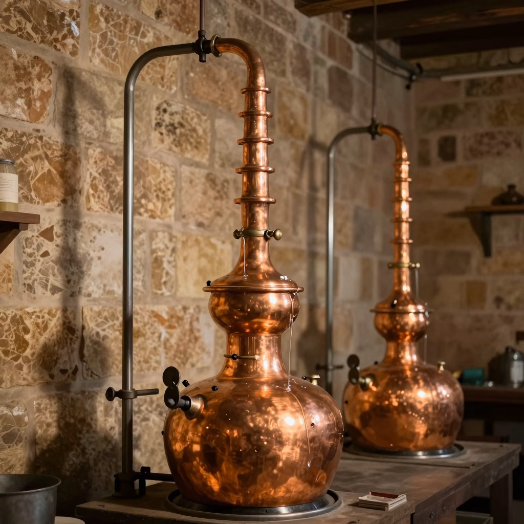 Alambic en cuivre traditionnel dans un atelier de distillation artisanale avec murs en pierre