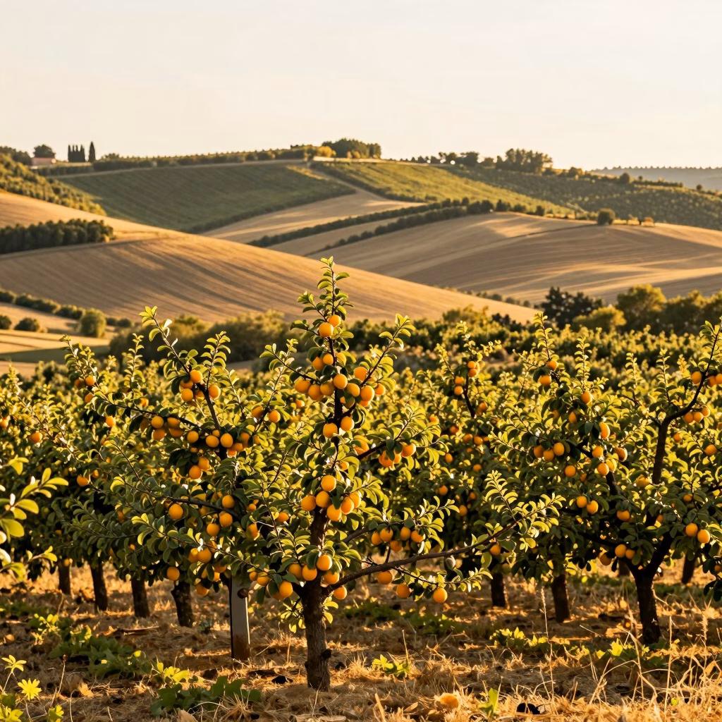 Verger de mirabelliers en Lorraine avec des fruits dores murs sur les arbres dans la lumiere chaude de fin d ete