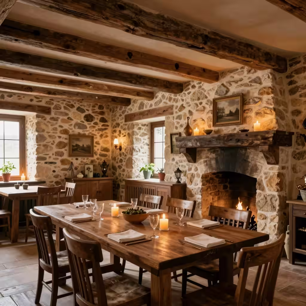 Ferme-auberge avec terrasse et assiettes de produits fermiers dans un cadre rural