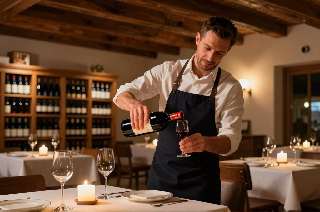 Sommelier servant du vin dans un restaurant de terroir à l ambiance intime
