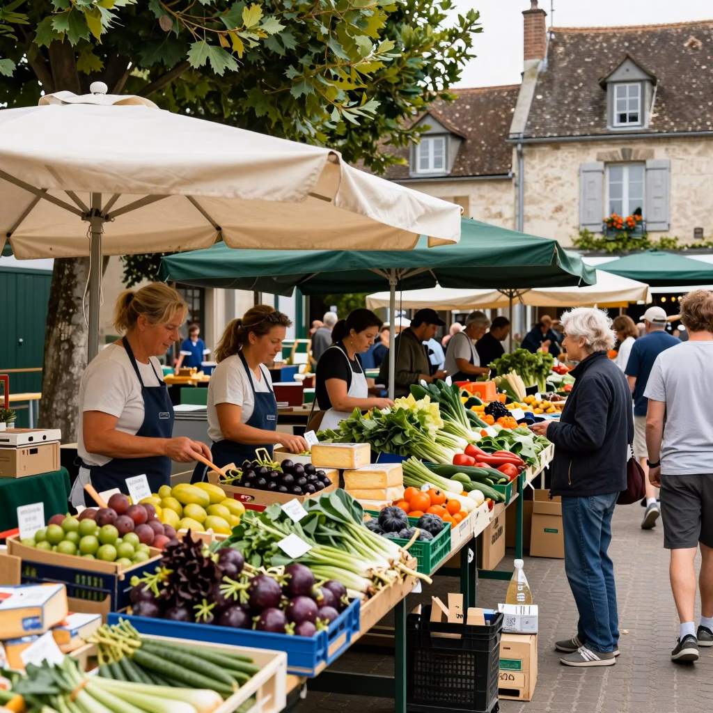 Marche traditionnel francais avec etals de produits locaux et legumes frais