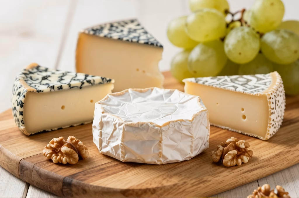 Collection de fromages français AOP sur plateau en bois rustique