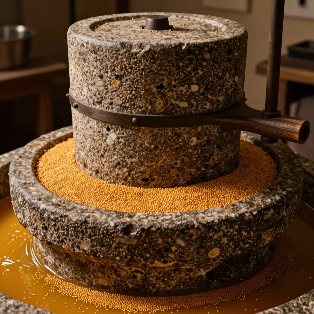 Meules de pierre anciennes broyant les graines de moutarde dans un atelier artisanal Bourguignon traditionnel