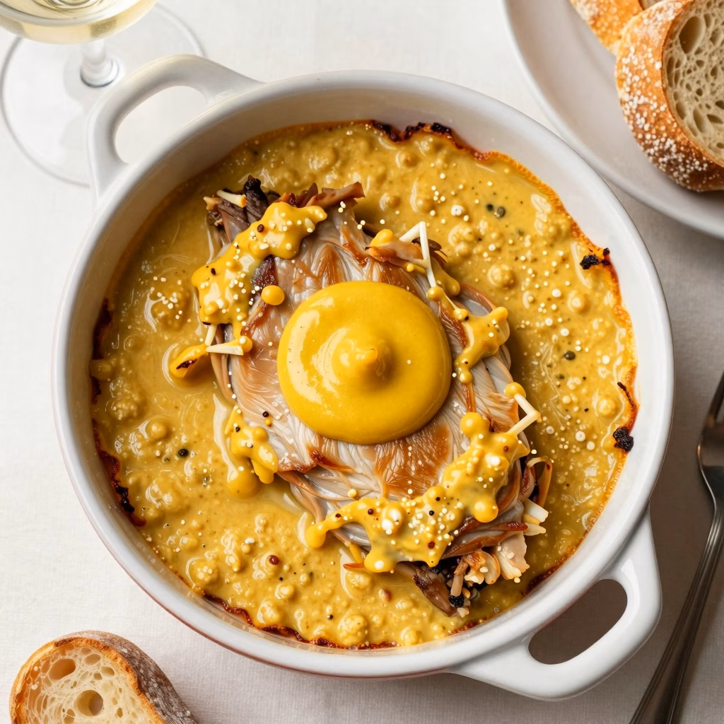 Lapin à la sauce moutarde crémeuse de Dijon en cocotte avec pain et verre de vin rouge